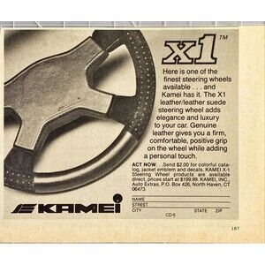 Kamei X1 Steering Wheels "Leather/Leather Suede" Vintage Print Ad 1983